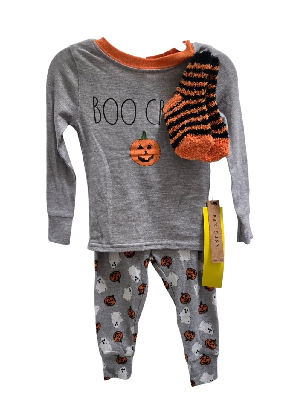 Rae Dunn Gray & Orange Kids' Halloween 'Boo Crew' Pajama Set with Striped Sock